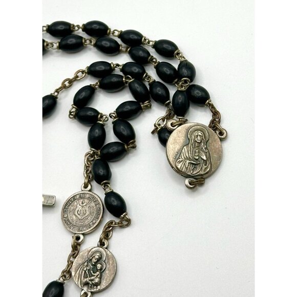 Italy Black Beaded Silvertone Rosary 25.5” - Picture 6 of 7
